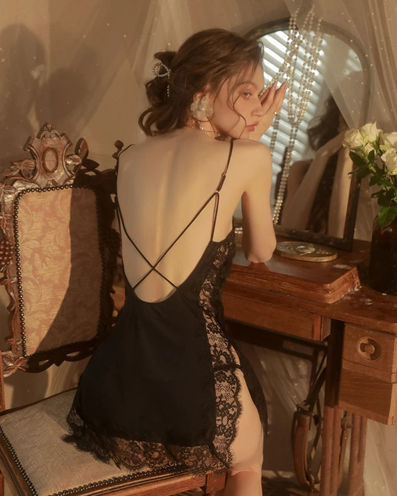 Cross Back V-neck Short Silk Nightgown, Black