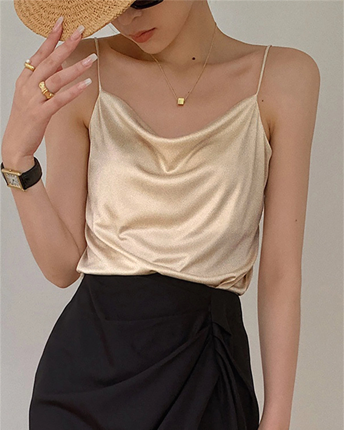Cowl Neck Silk Camisole, Champagne