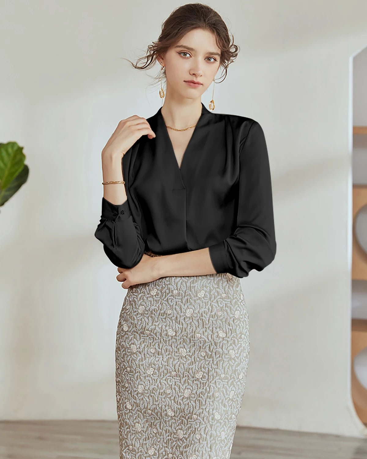 V-Neck Silk Pleated Blouse - DAISYSILK