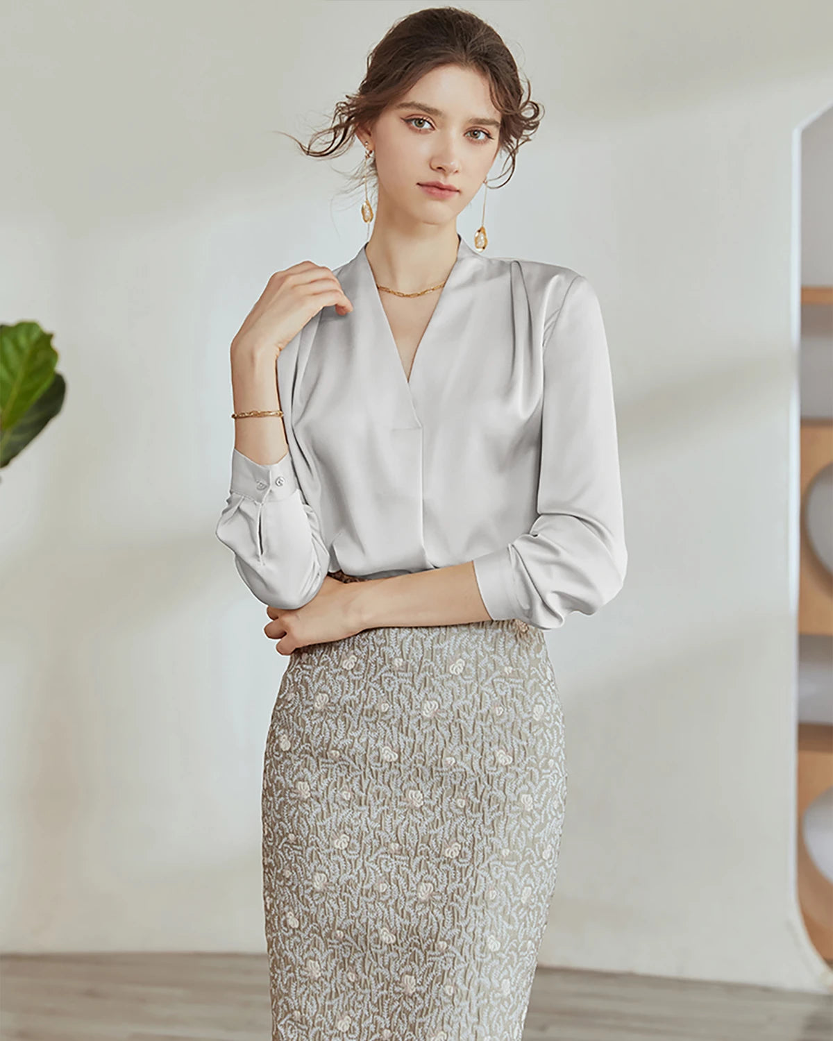 V-Neck Silk Pleated Blouse, Grey