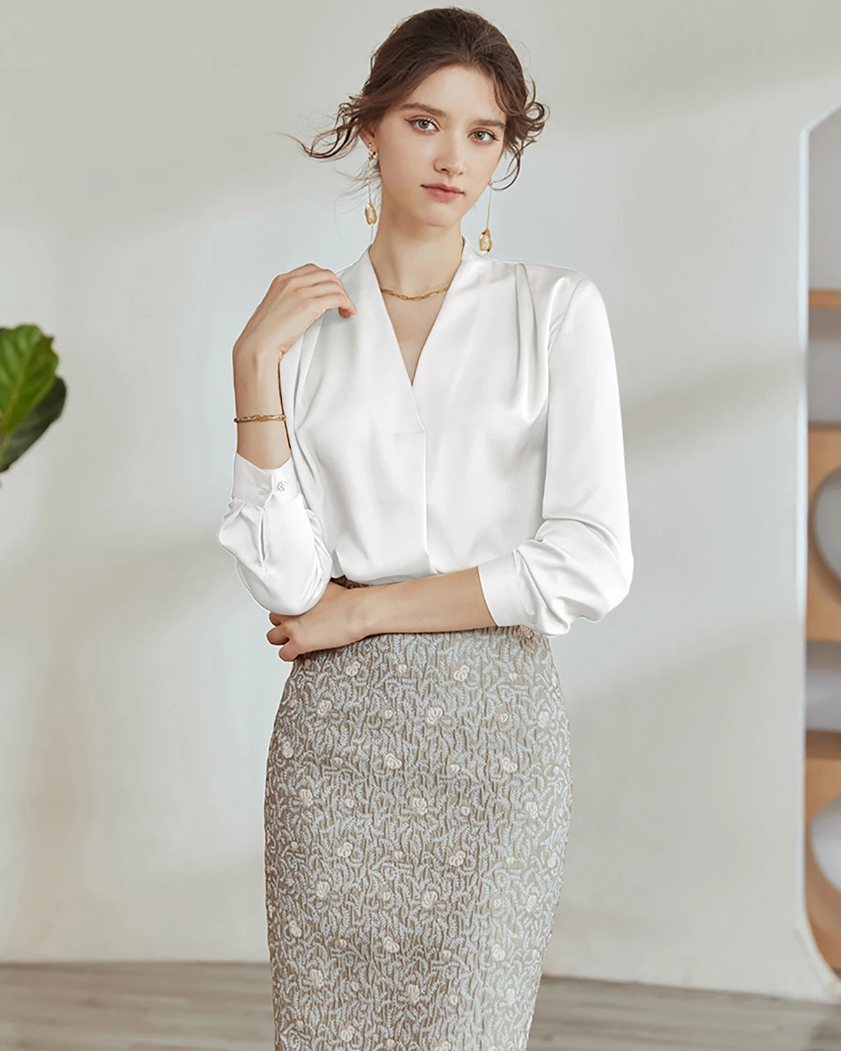 V-Neck Silk Pleated Blouse, White