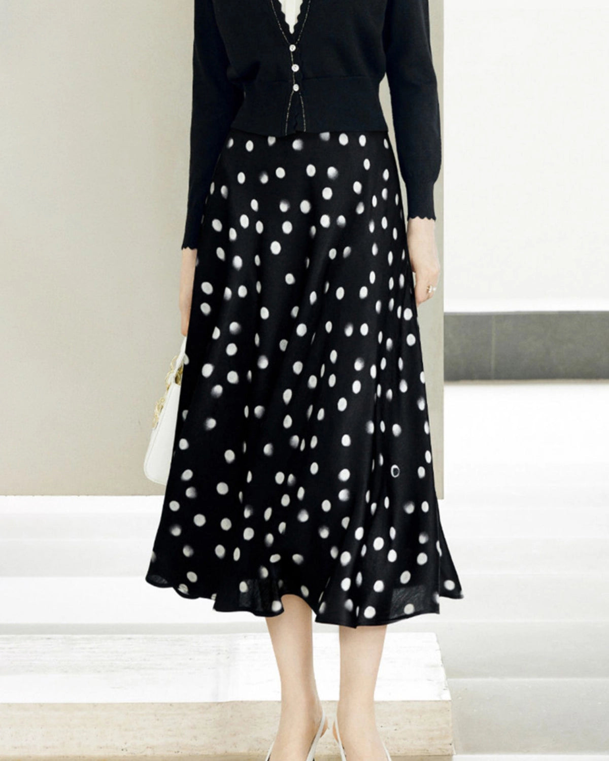 Polka Dot Print Silk Midi Skirt, Black And White