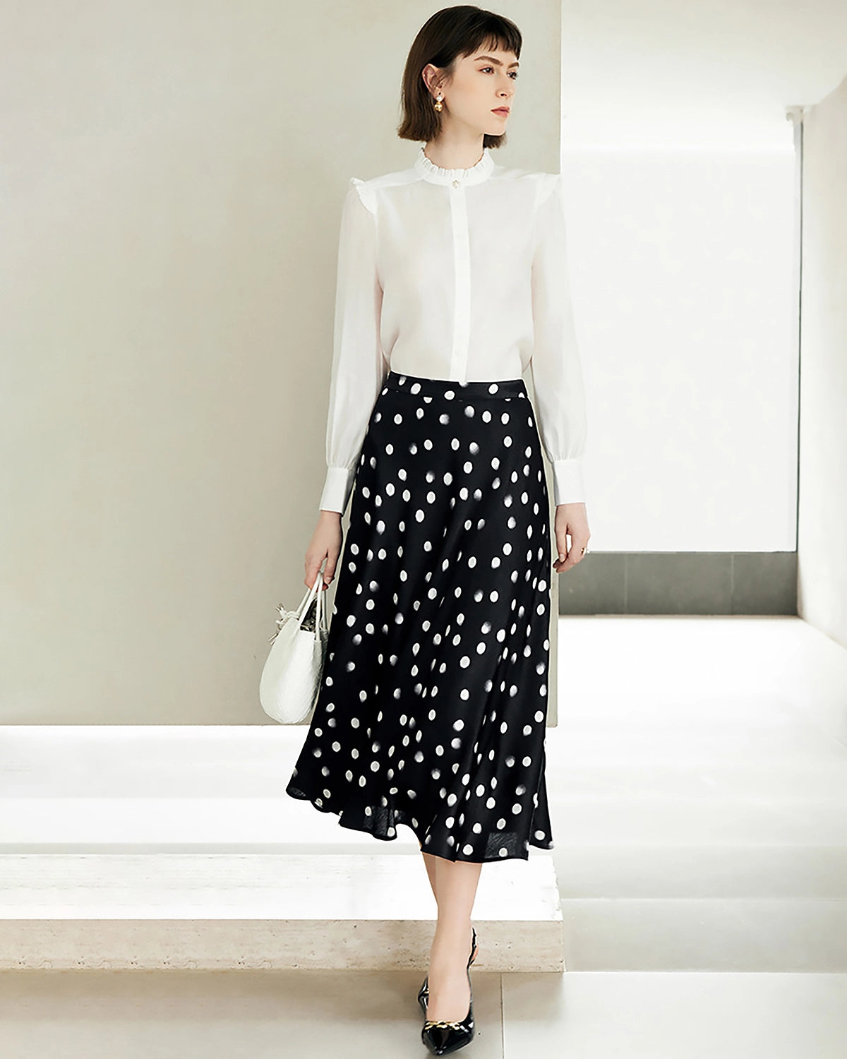 Polka Dot Print Silk Midi Skirt, Black And White