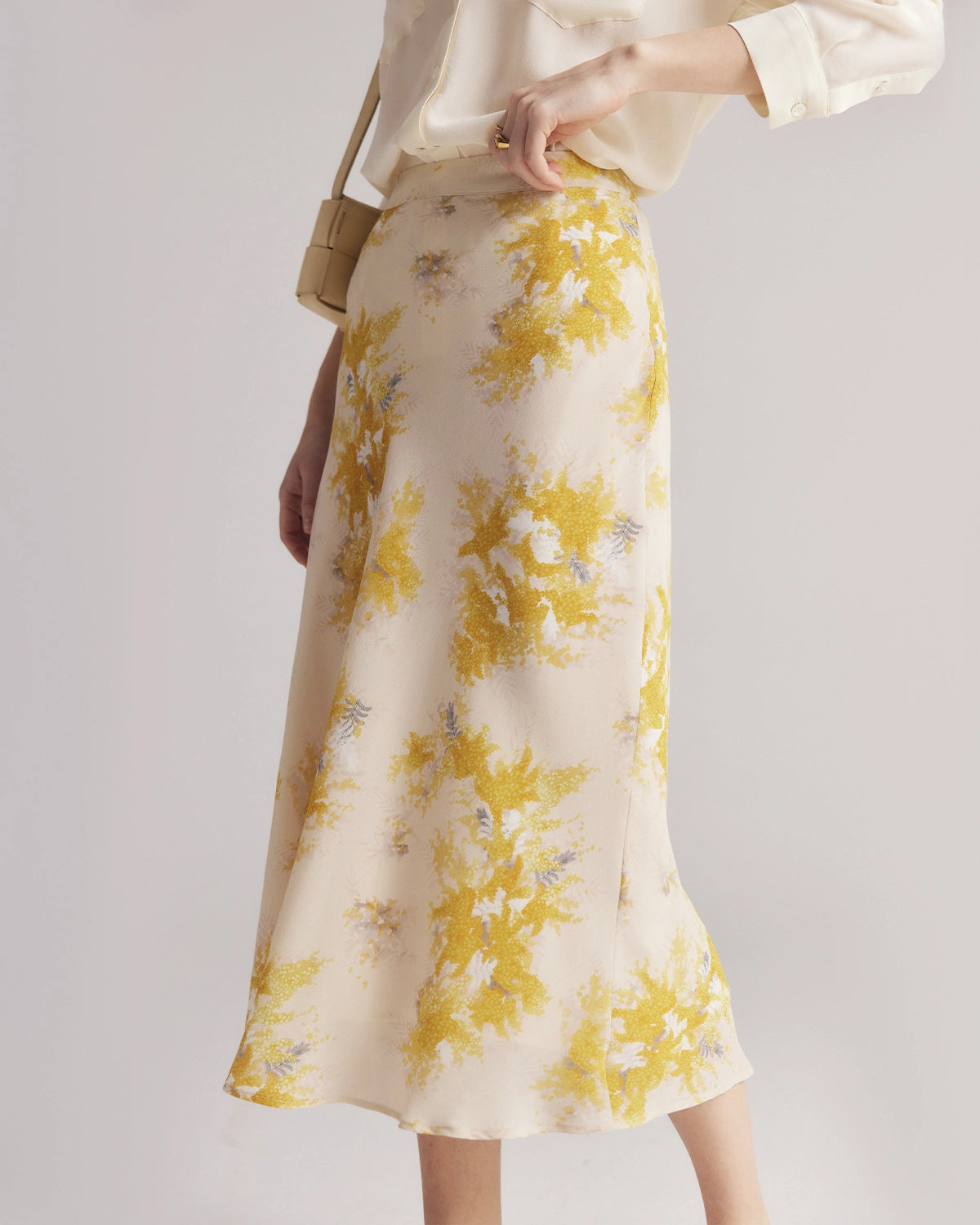 Floral Print Silk Midi Skirt, Yellow