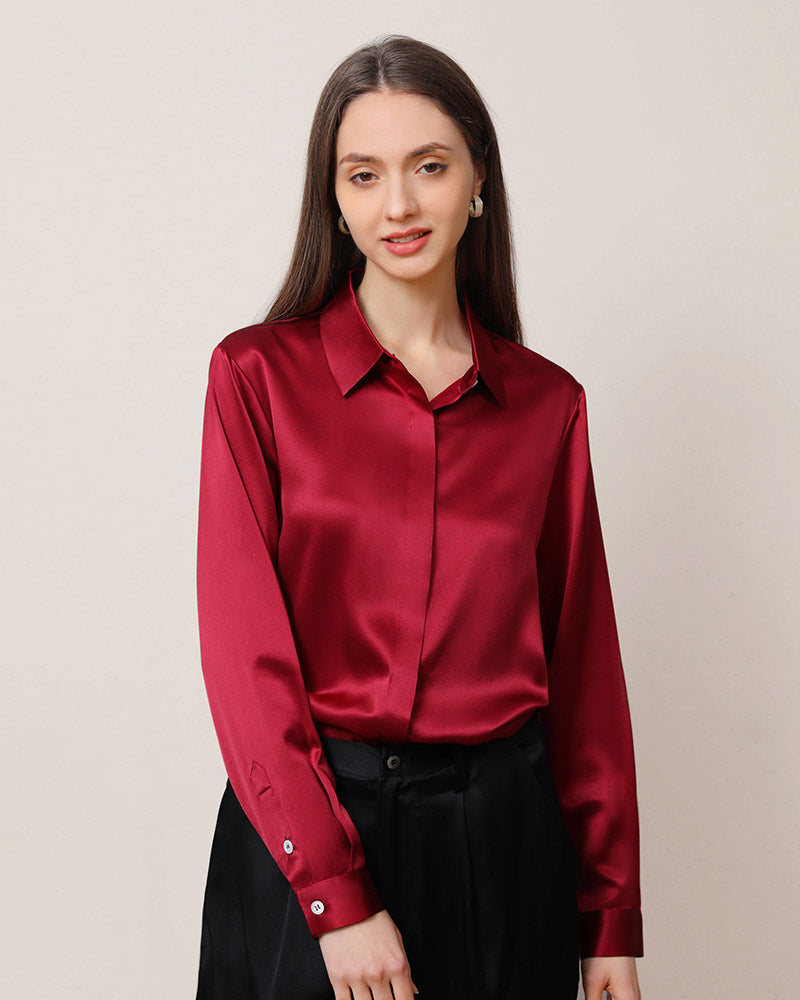 Women's Basic Concealed Silk Shirt Burgundy
