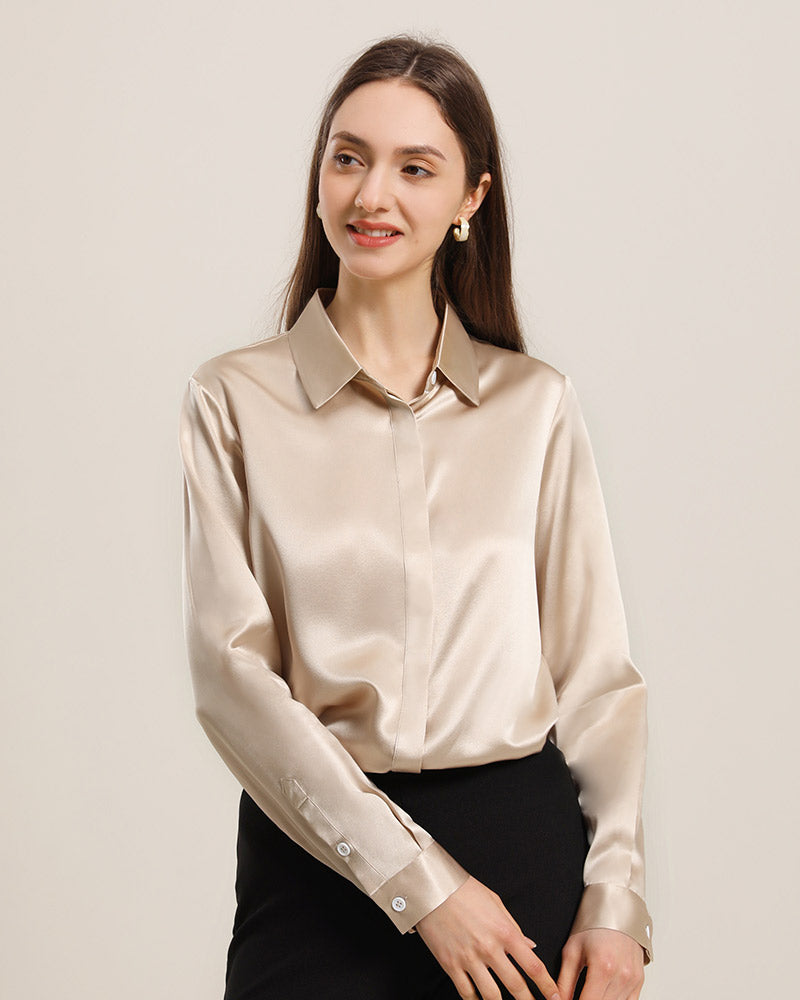 Women's Basic Concealed Silk Shirt Champagne
