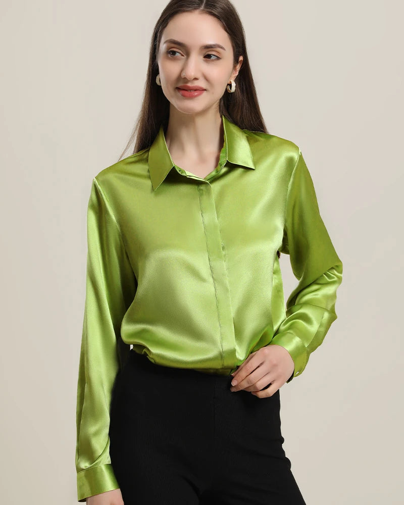 Women's Basic Concealed Silk Shirt, Mustard Green
