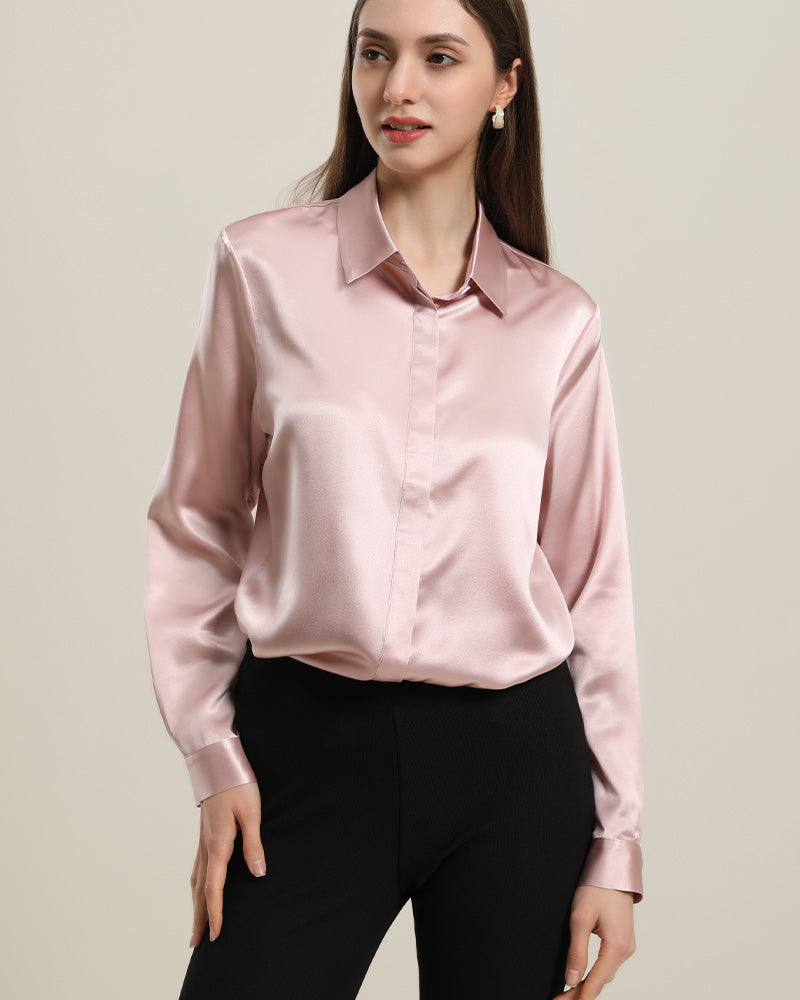 Women's Basic Concealed Silk Shirt Pink