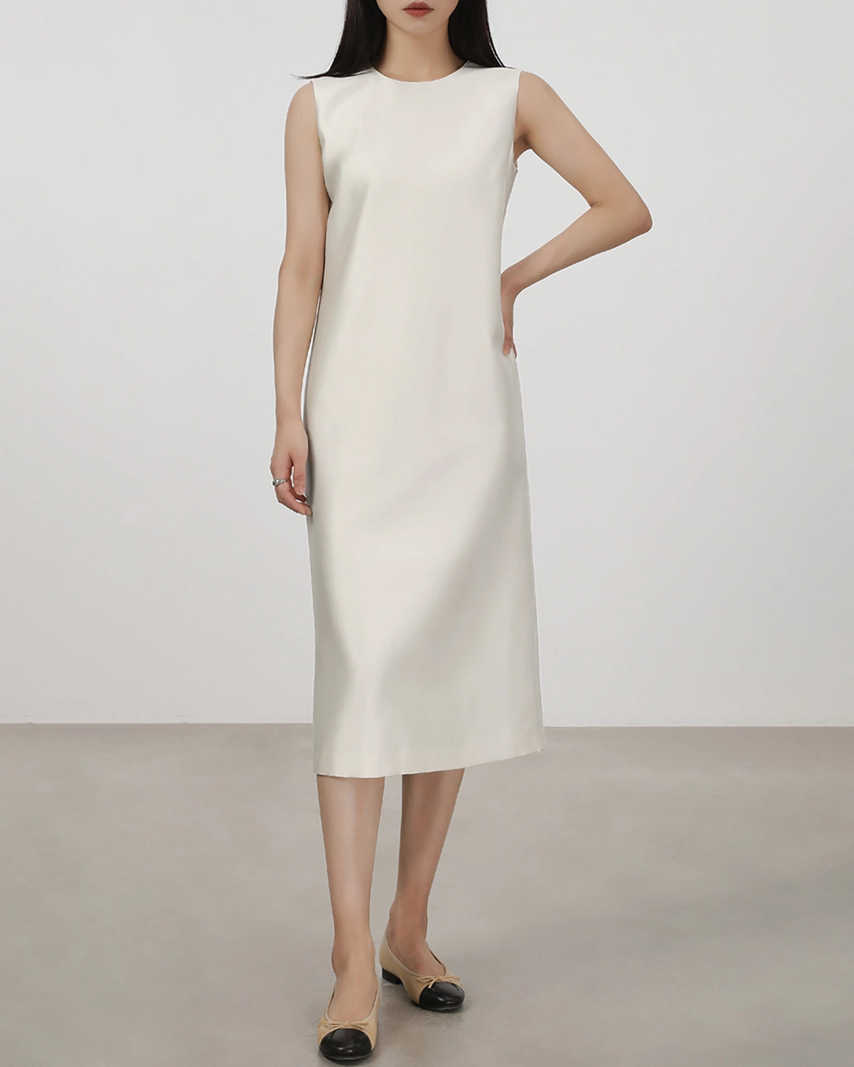 40 Momme Silk Sleeveless Midi Dress, Cream