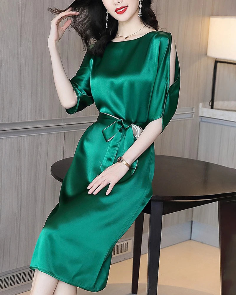 Belted Silk Midi Dress with Slit Shoulders, Dark Green
