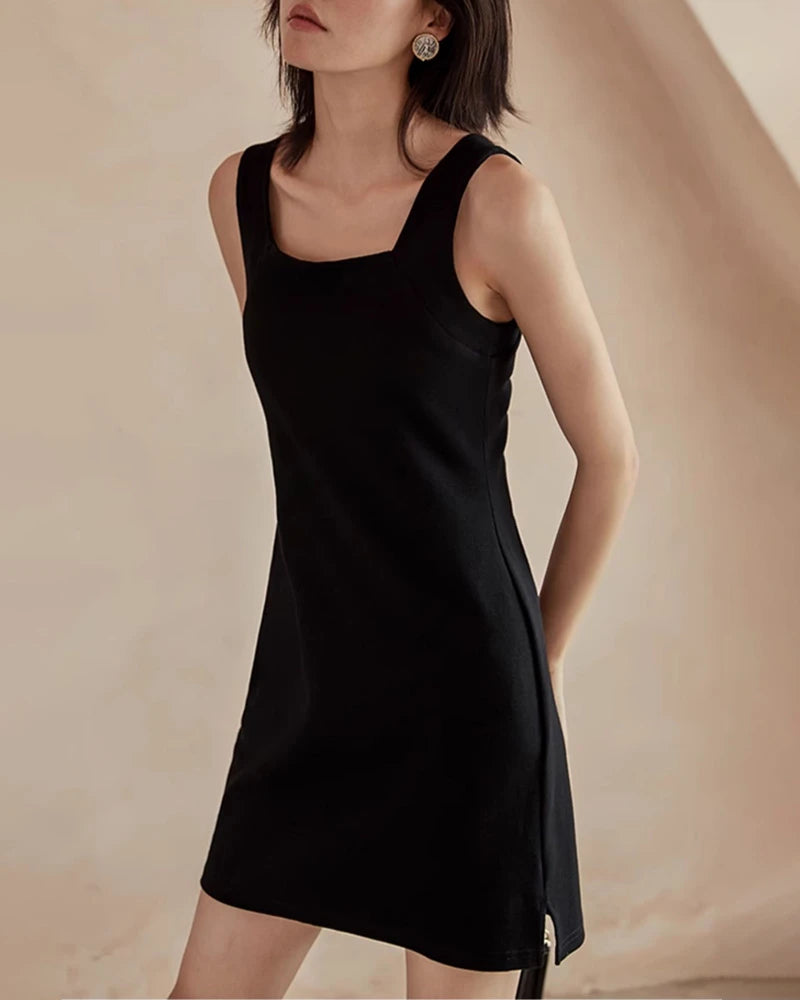 Sleeveless Silk Square Neck Mini Dress, Black