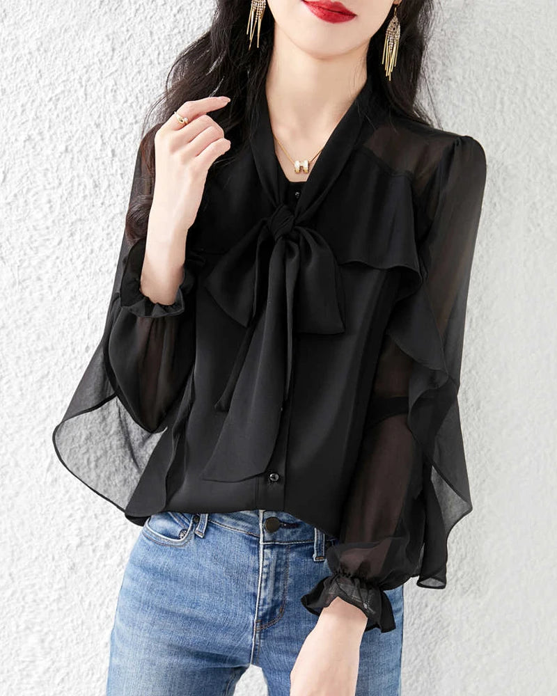 Silk Chiffon Ruffle Sleeve Blouse, Black