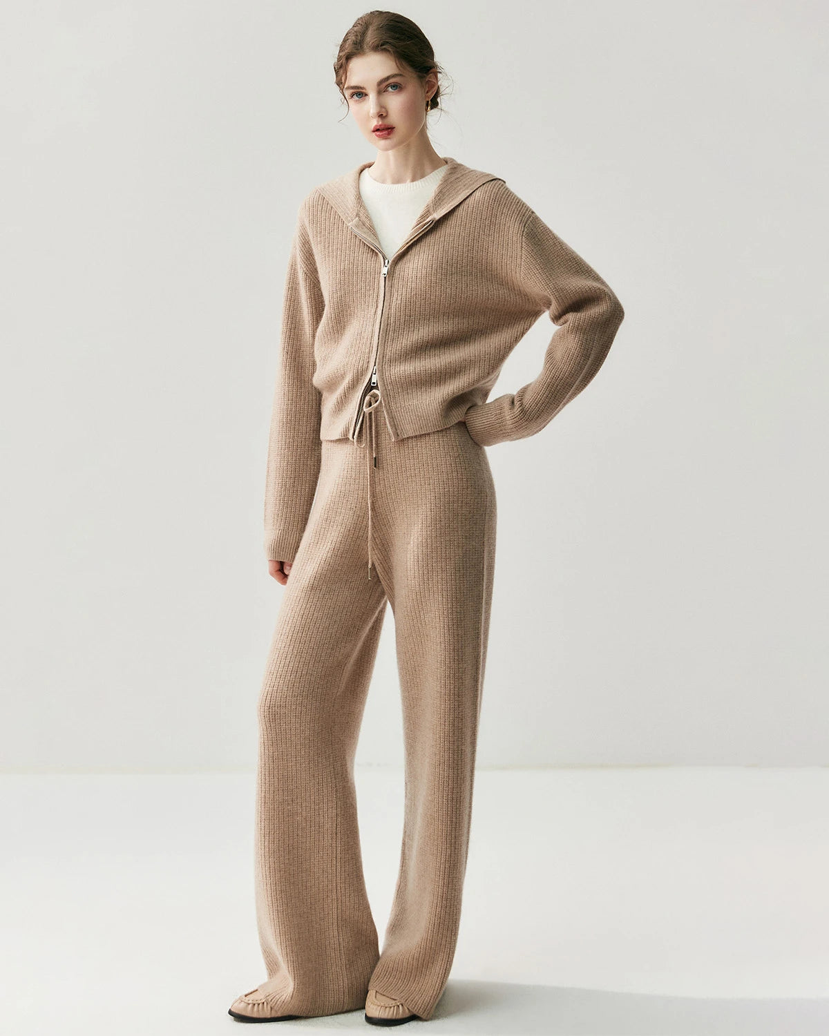 Cashmere Wool Zip Up Hoodie and Straight-Leg Pants - DAISYSILK