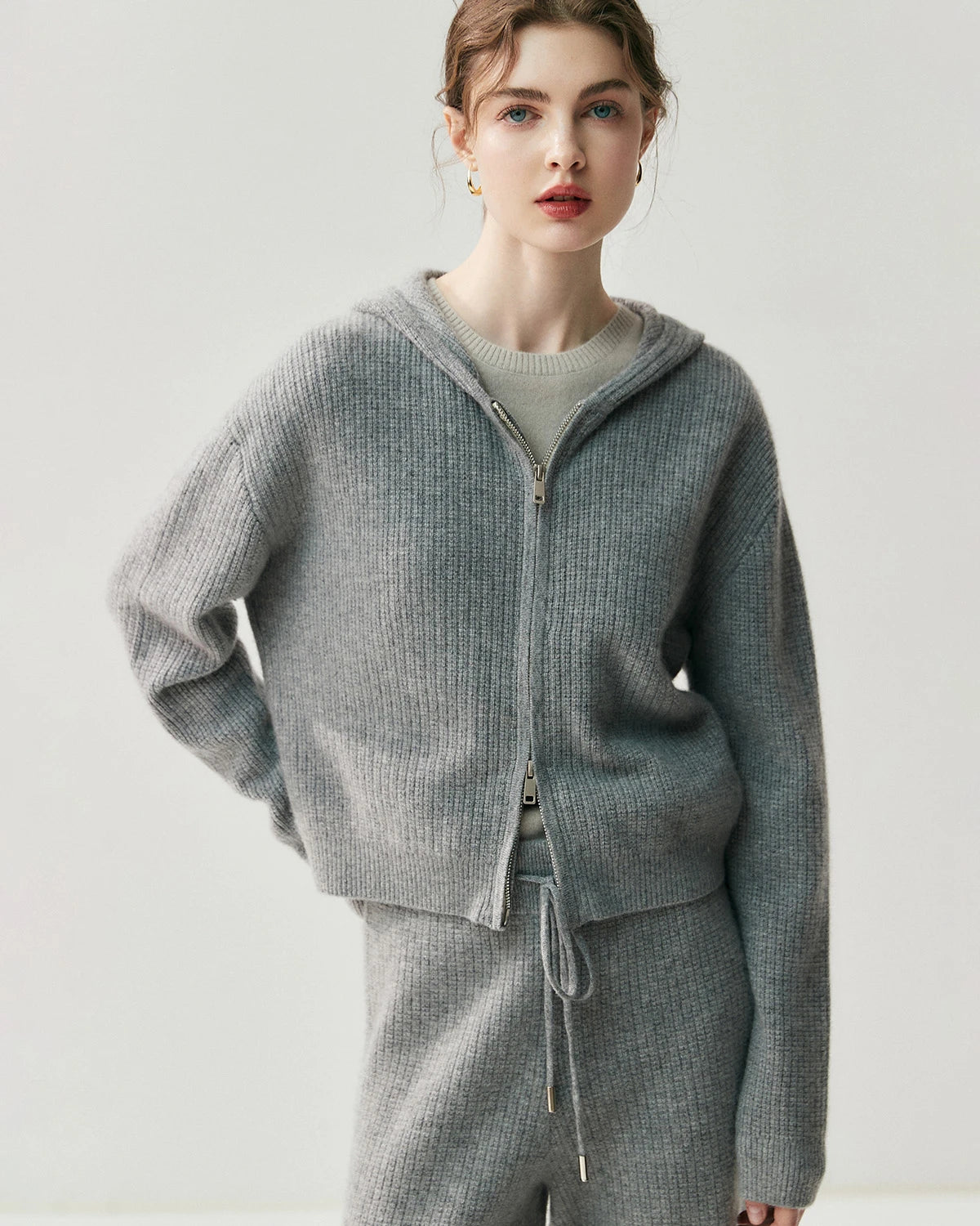Cashmere Wool Zip Up Hoodie and Straight-Leg Pants - DAISYSILK