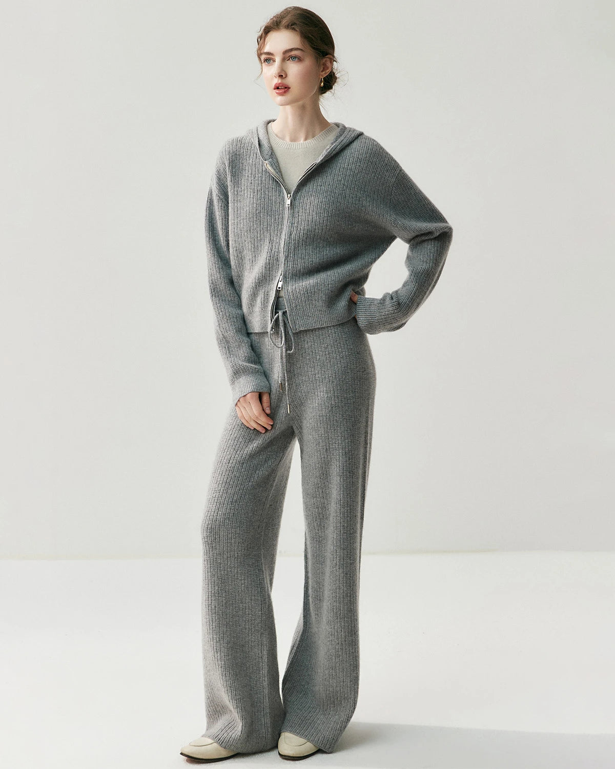 Cashmere Wool Zip Up Hoodie and Straight-Leg Pants - DAISYSILK