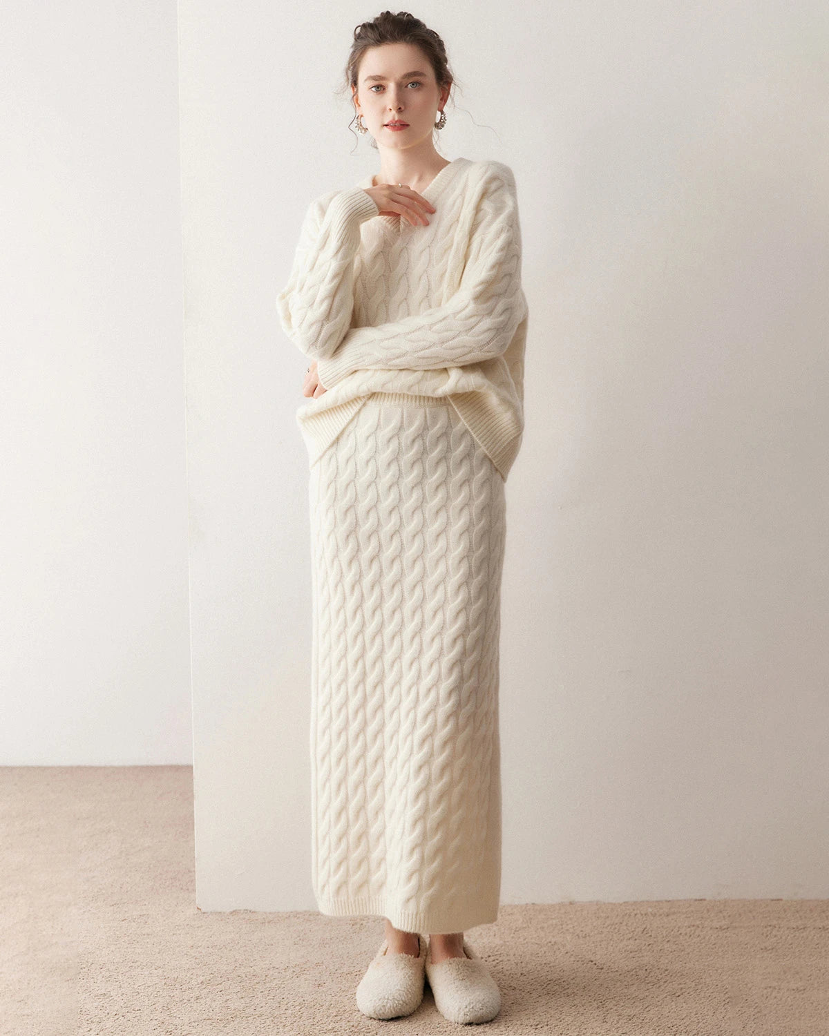 Cashmere Wool Cable Knit Sweater and Skirt Set - DAISYSILK