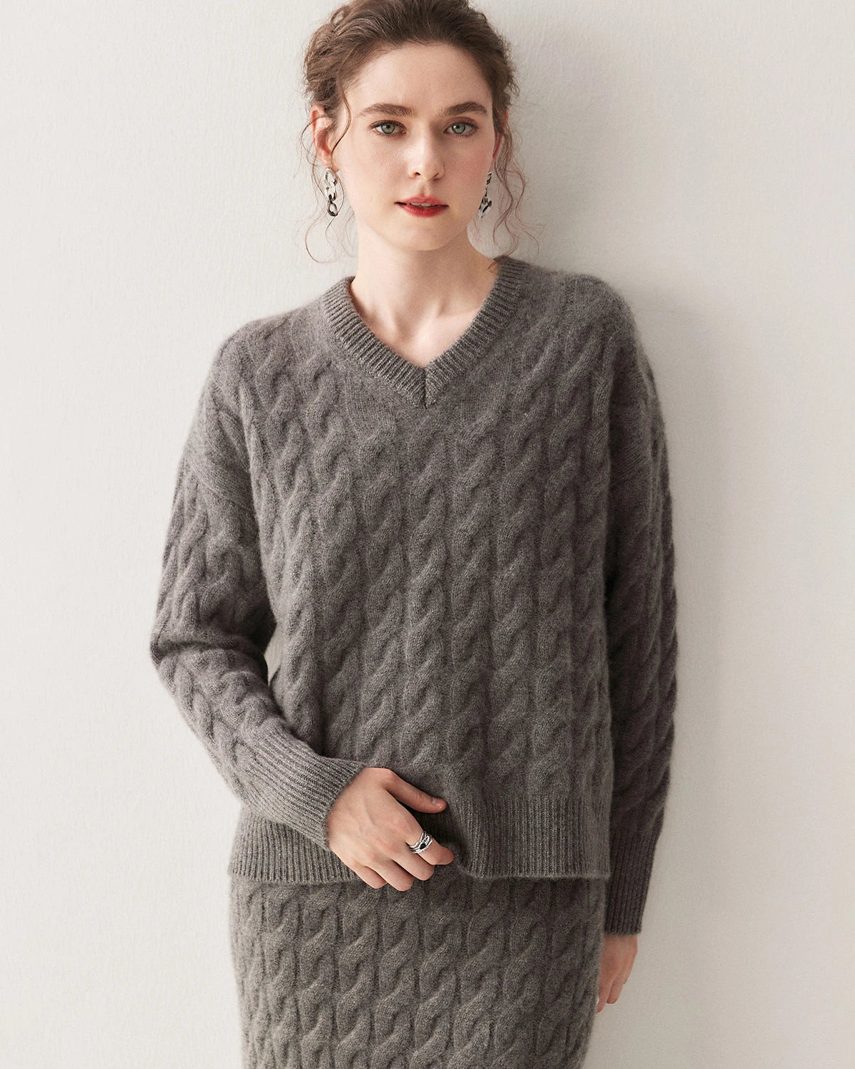 Cashmere Wool Cable Knit Sweater and Skirt Set - DAISYSILK