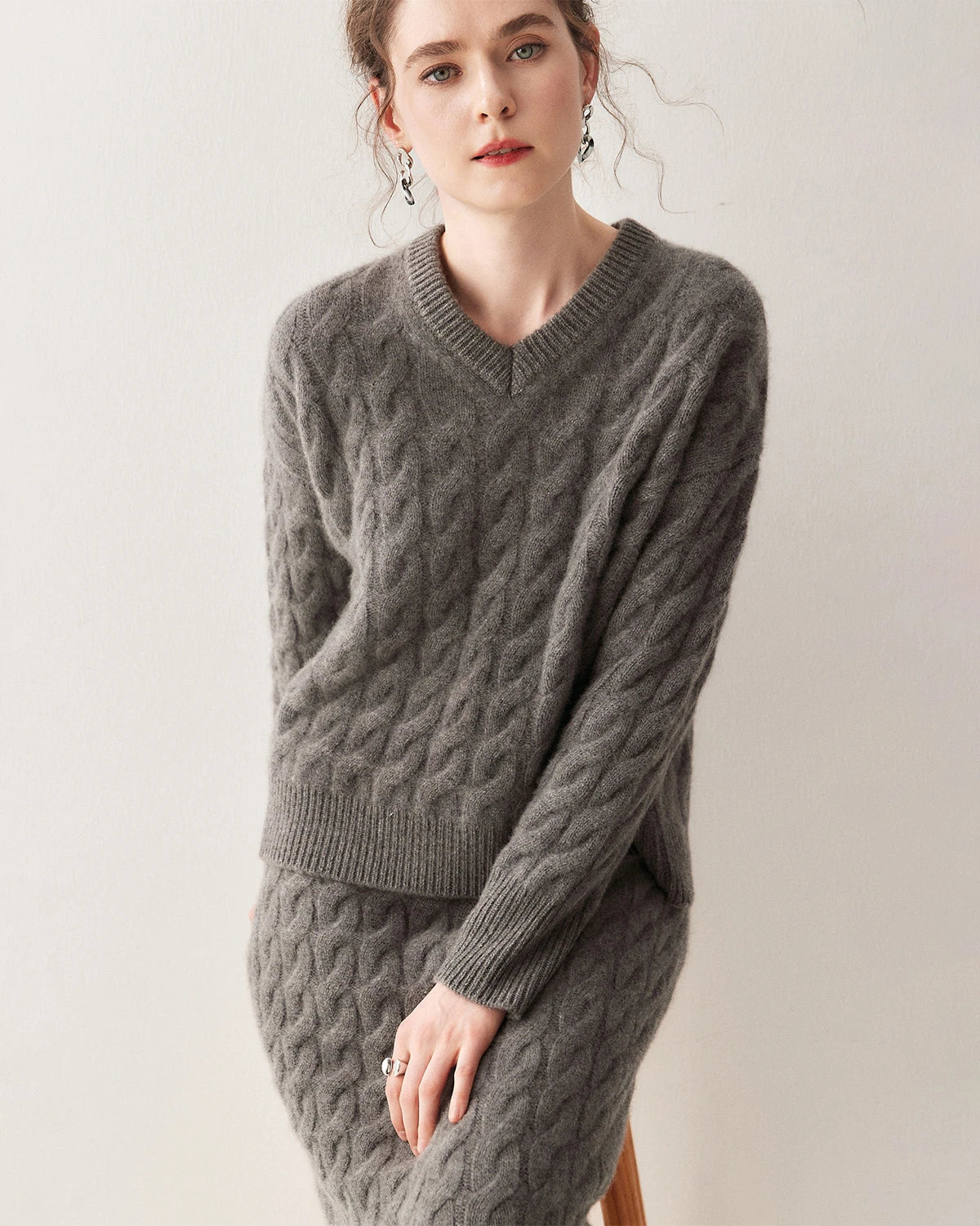 Cashmere Wool Cable Knit Sweater and Skirt Set - DAISYSILK