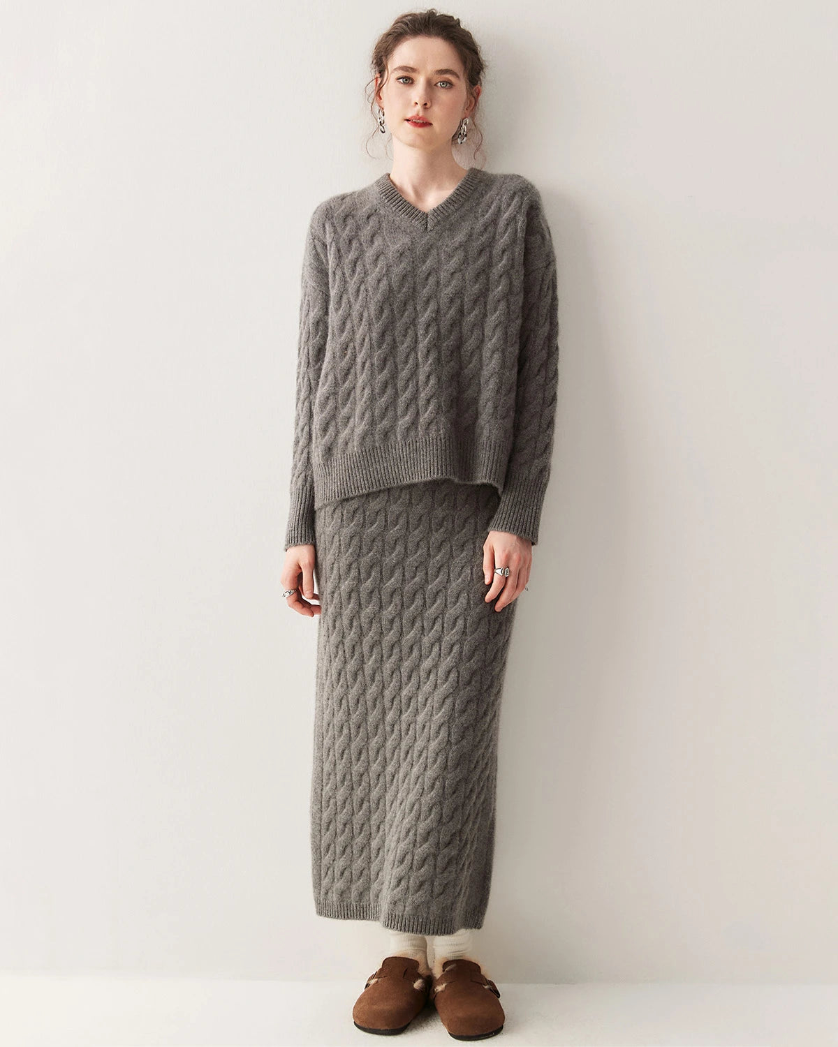 Cashmere Wool Cable Knit Sweater and Skirt Set - DAISYSILK