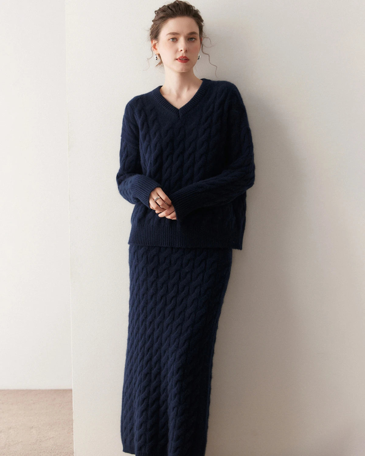 Cashmere Wool Cable Knit Sweater and Skirt Set - DAISYSILK