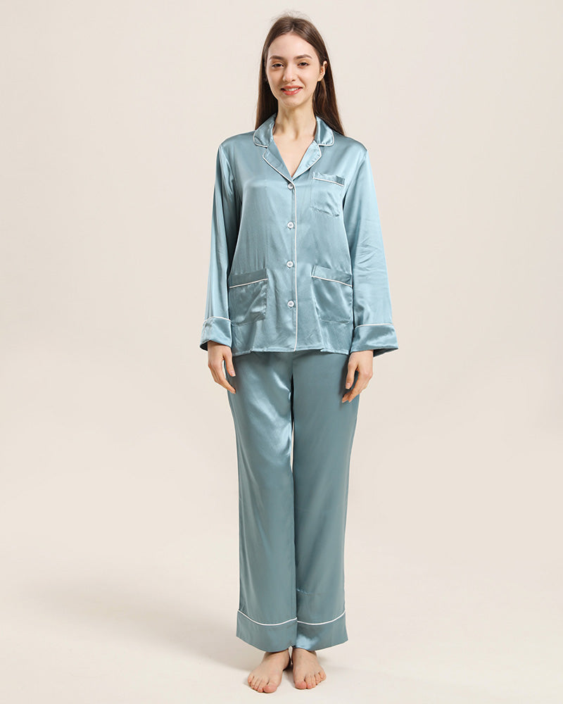Classic Silk Pajamas For Women, Blue