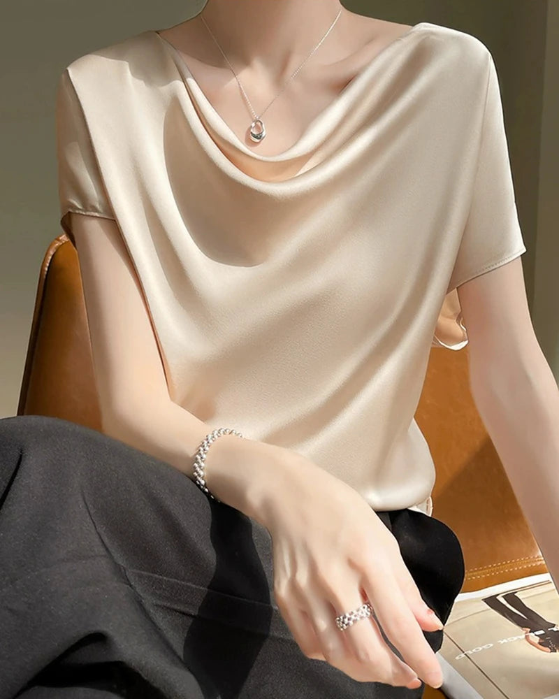 Cowl Neck Cap Sleeve Silk Blouse, Champagne