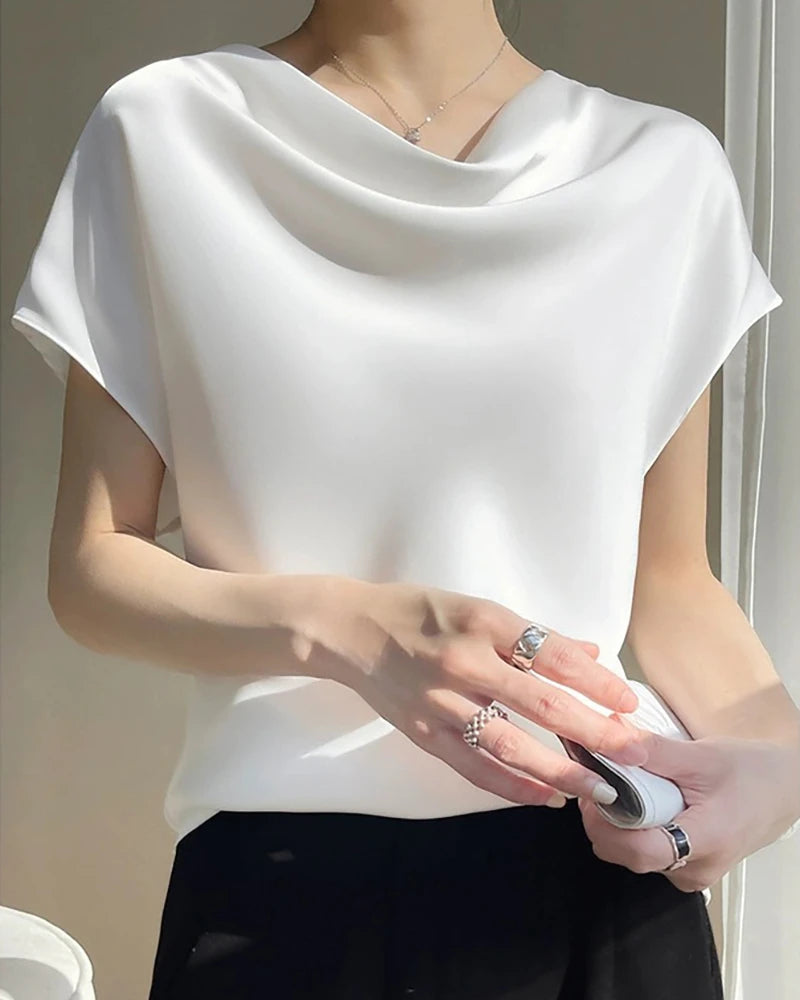 Cowl Neck Cap Sleeve Silk Blouse, White
