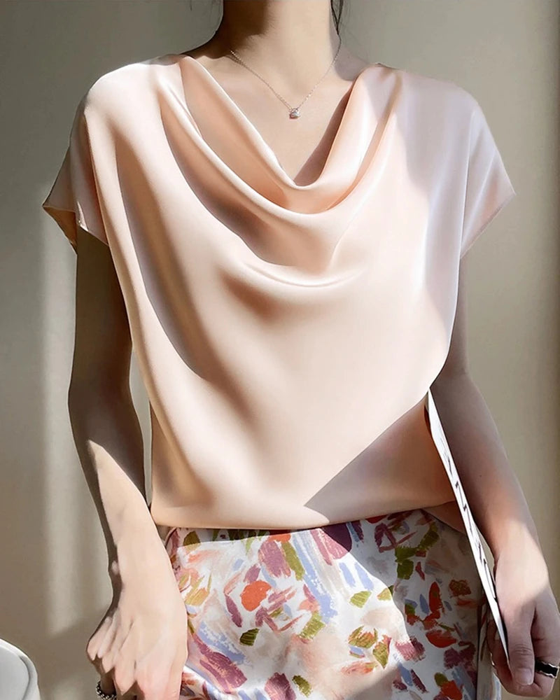 Cowl Neck Cap Sleeve Silk Blouse, Pink