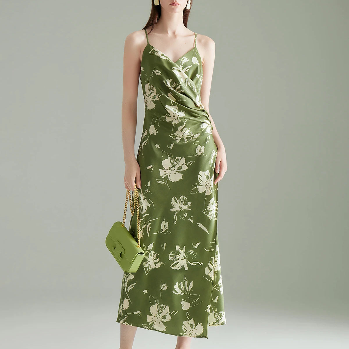 DaisySilk Floral Print Silk Slip Dress V Neck Long Maxi Dress Green/Cream / S DaisySilk Floral Print Silk Slip Dress V Neck Long Maxi Dress Green/Cream / S