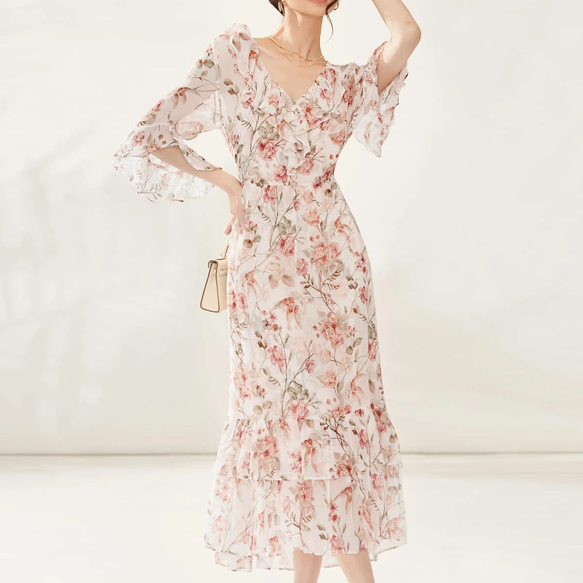 DaisySilk Floral Silk Maxi Dress Long Sleeve Garden Wedding Guest Dress Cream/Pink / XXL DaisySilk Floral Silk Maxi Dress Long Sleeve Garden Wedding Guest Dress Cream/Pink / XXL