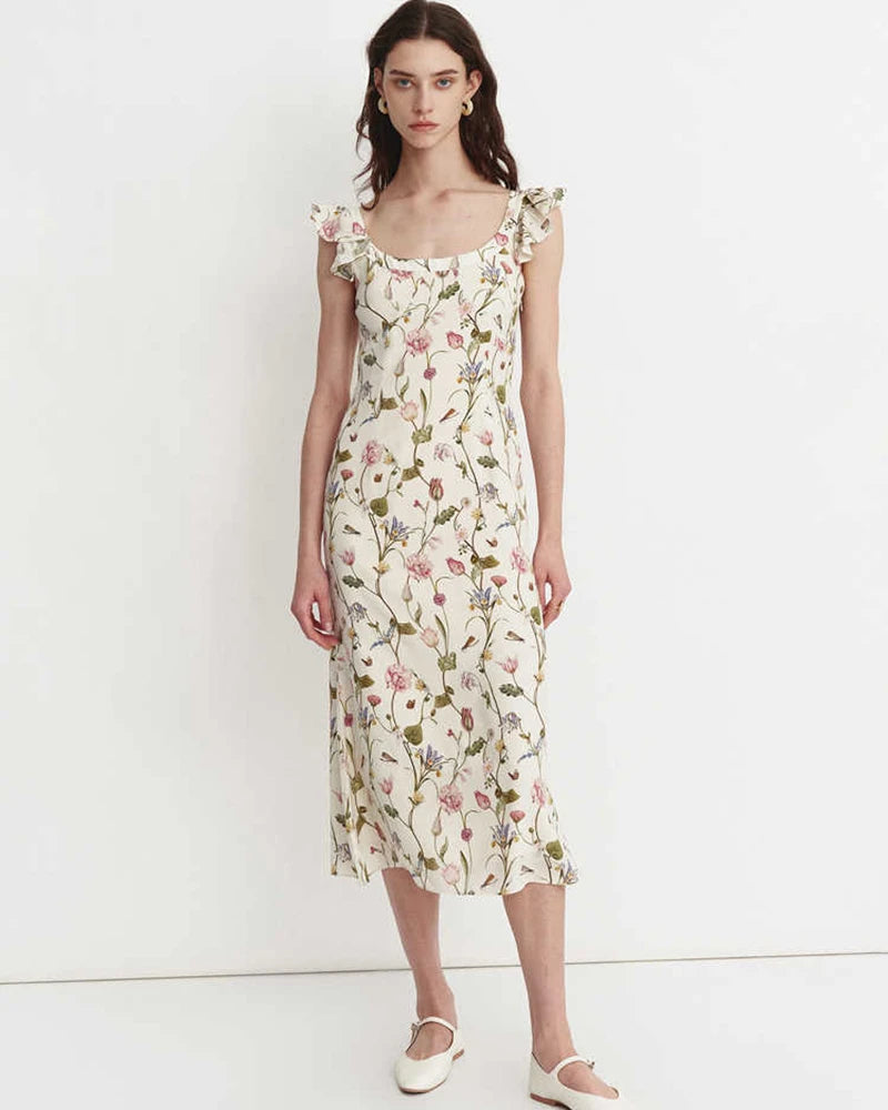 dress silk floral ruffle Inara Pink Floral Print Ruffle Prom Dress - US 6