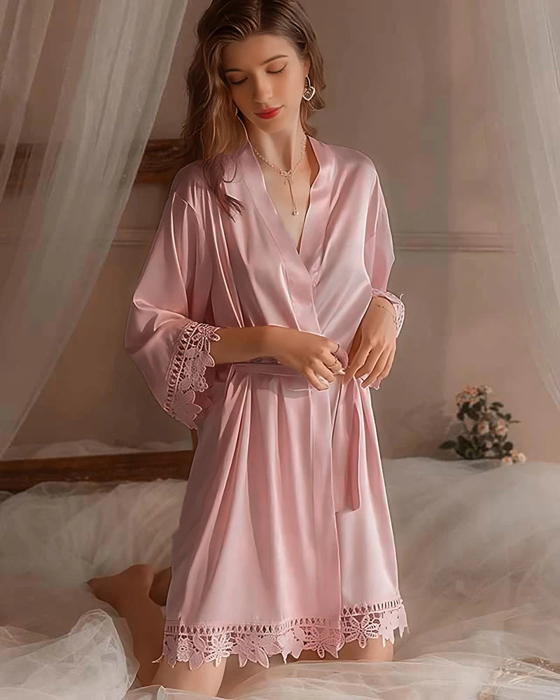 Washable Silk Lace Bridal Robe, Pink