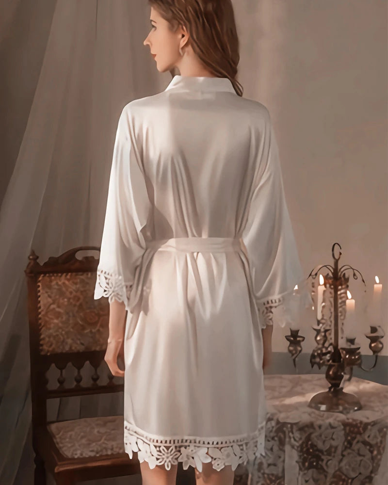 Washable Silk Lace Bridal Robe, White