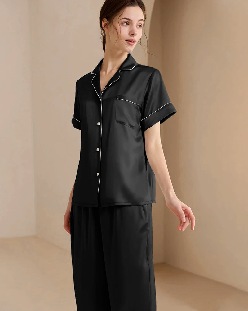 Washable Silk Short Sleeve Long Pants Pajama Set, Black