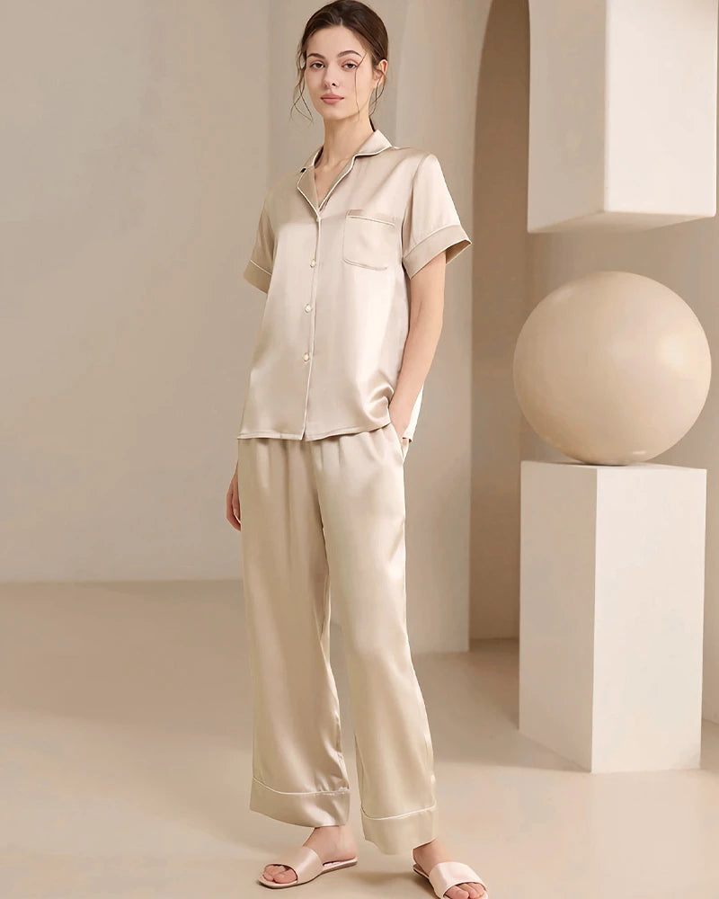 Washable Silk Short Sleeve Long Pants Pajama Set, Champagne