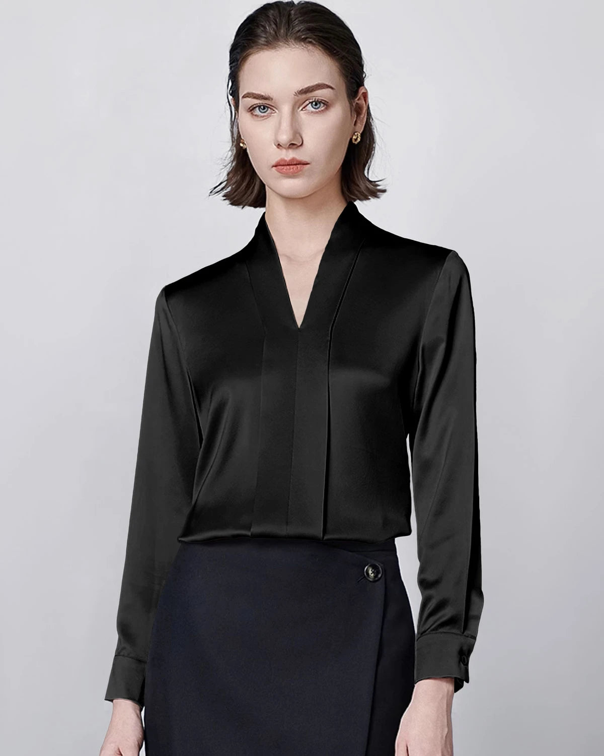Long Sleeve Silk Blouse for Women, Black