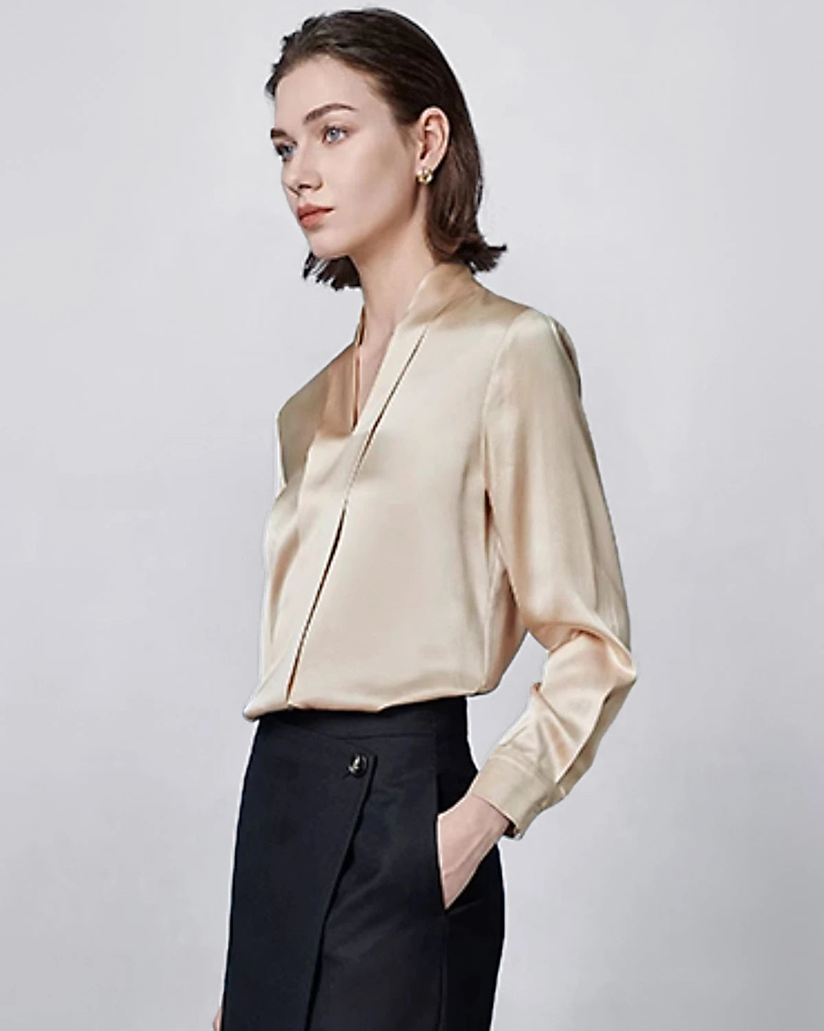 Long Sleeve Silk Blouse for Women, Champagne