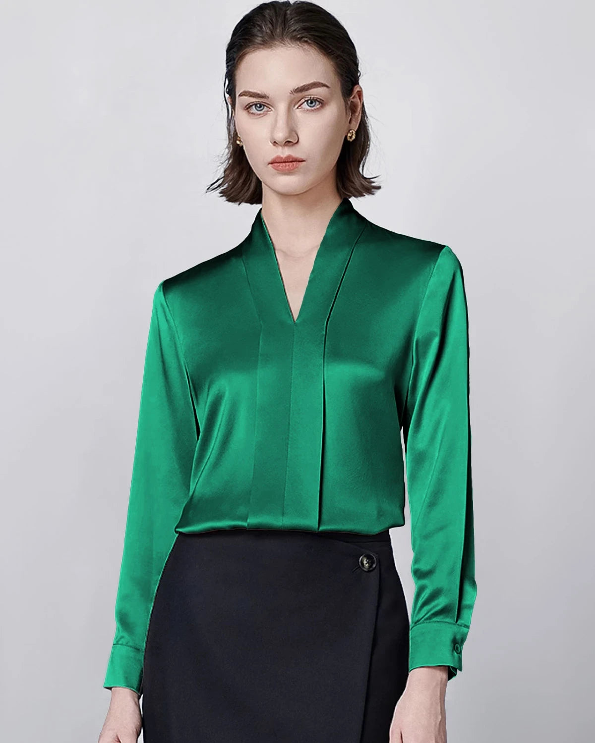 Long Sleeve Silk Blouse for Women, Dark Green