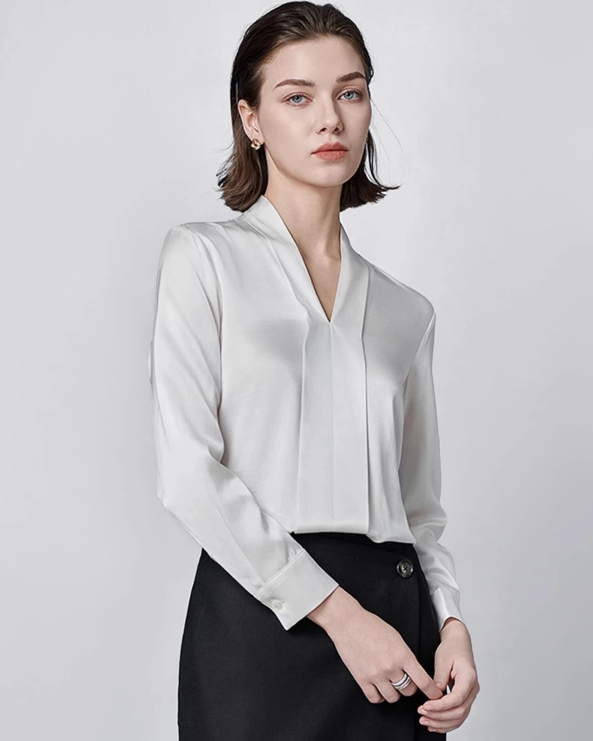 Long Sleeve Silk Blouse for Women, Ivory