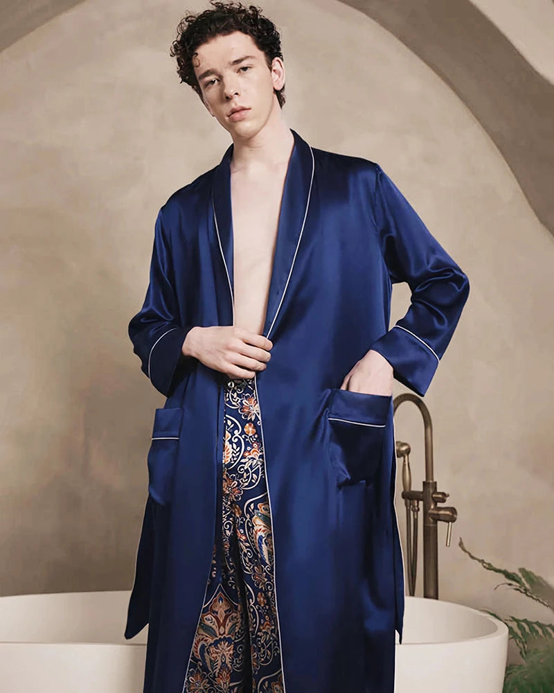 Men's Long Washable Silk Robe, Navy
