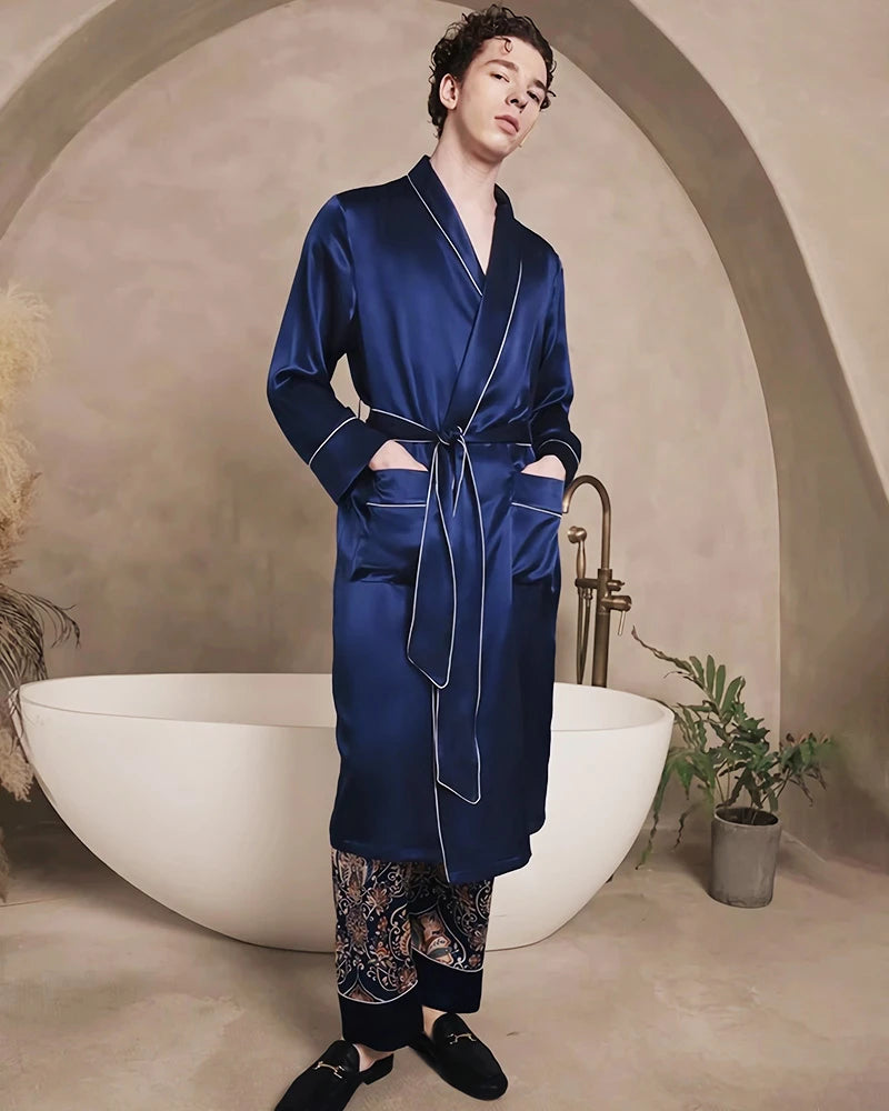 Men's Long Washable Silk Robe, Navy