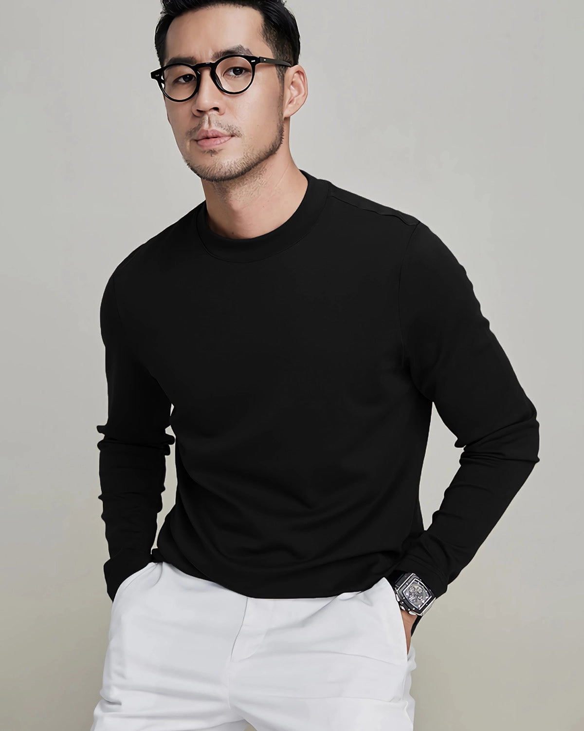 Men's Long Sleeve Silk Jersey, Black