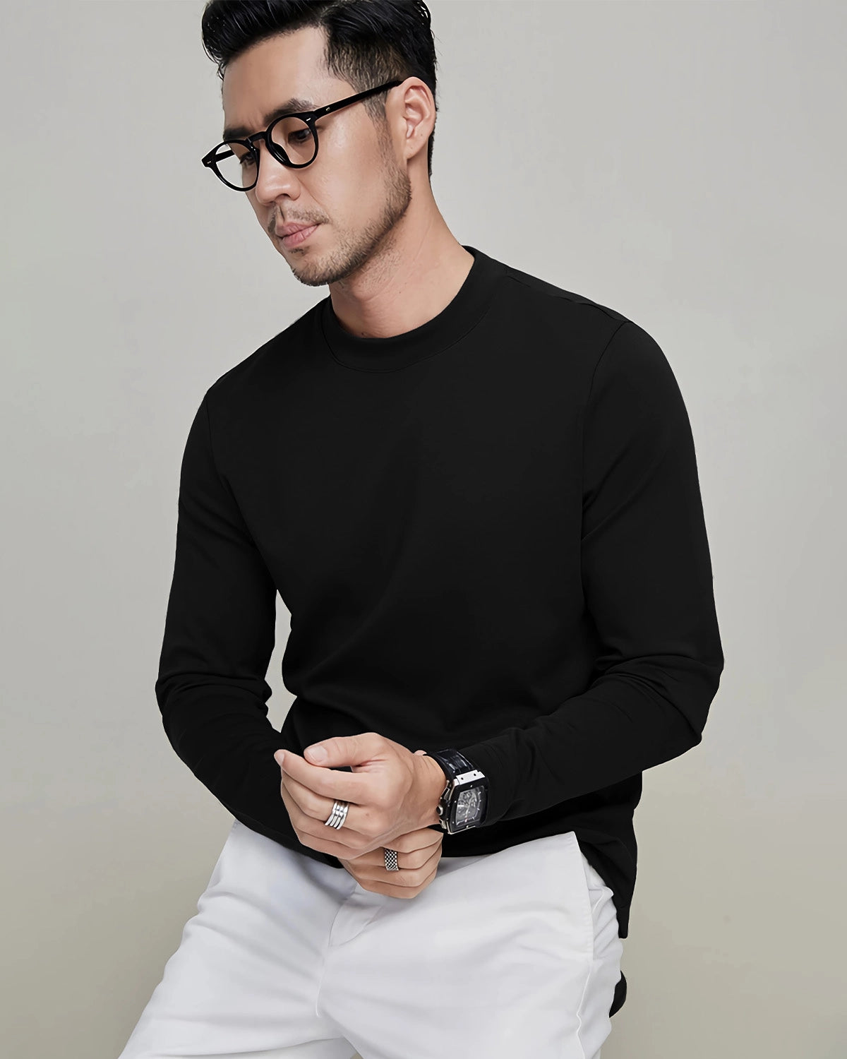 Men's Long Sleeve Silk Jersey, Black