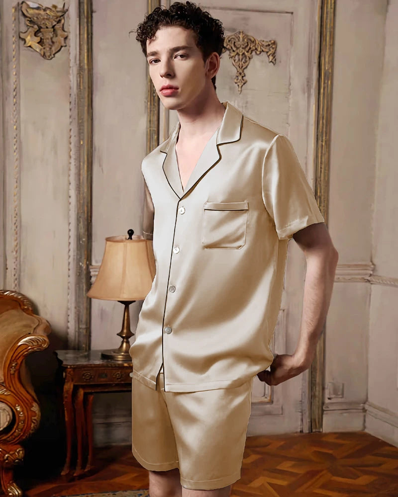 Men's Washable Silk Pajamas Short Set, Champagne