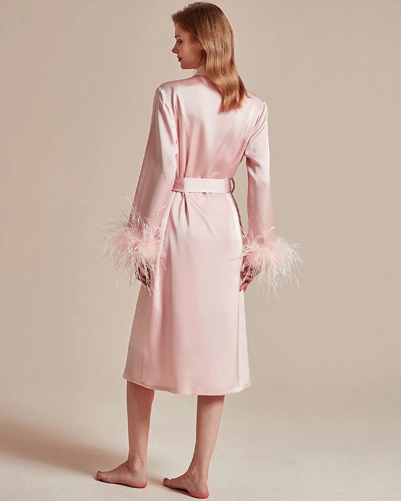 Washable Silk Robe with Feather Sleeve, Pink