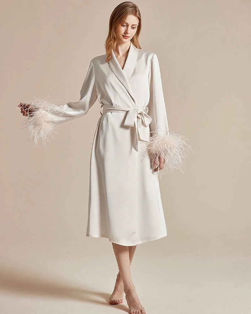 Washable Silk Robe with Feather Sleeve, White