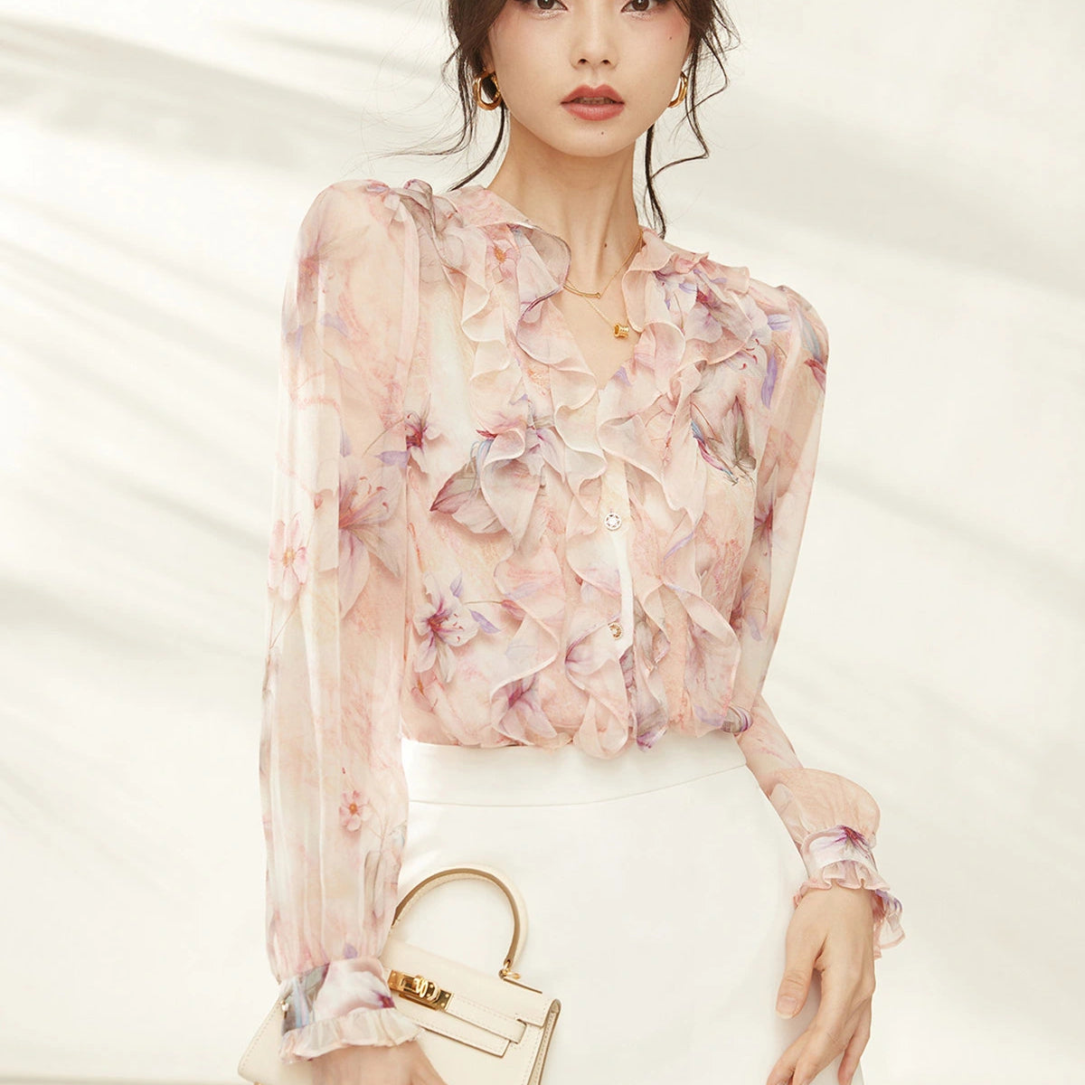 DaisySilk Pink Floral Lily Silk Blouse Ruffle Sheer Long Sleeve 