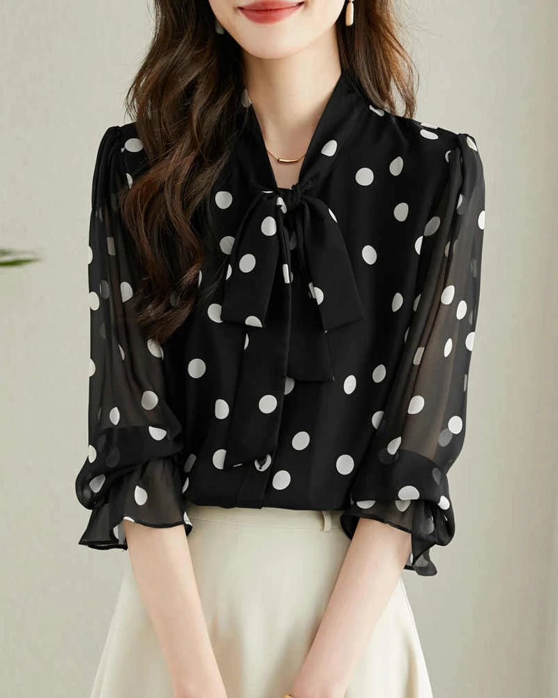 Polka Dot Silk Blouse with Ruffles, Black and White