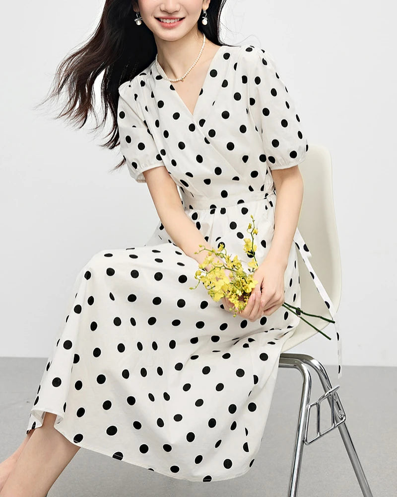 DaisySilk Polka Dot Silk Dress V Neck Short Sleeve Midi For Women Ivory / S