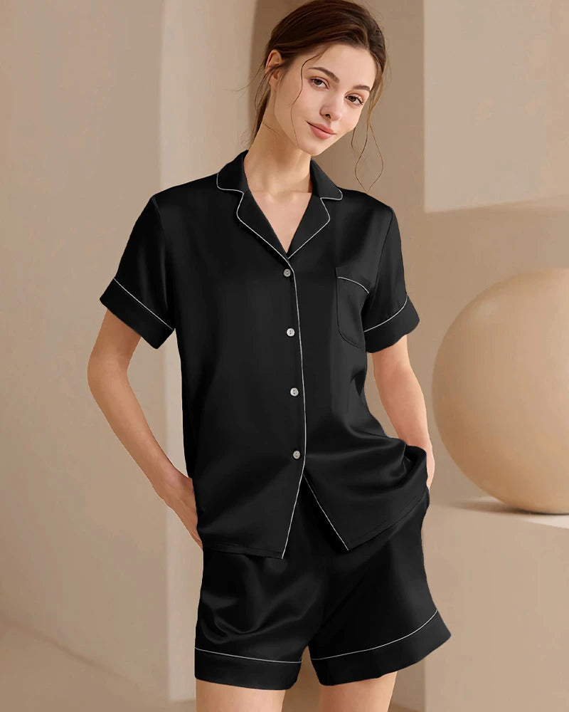 Washable Silk Short Pajama Set, Black